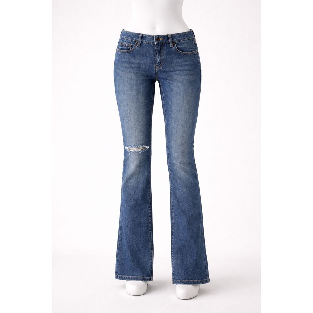 Tommy Hilfiger Women’s Low Rise Bootcut Jeans Blue Denim Distressed, baggy y2k
